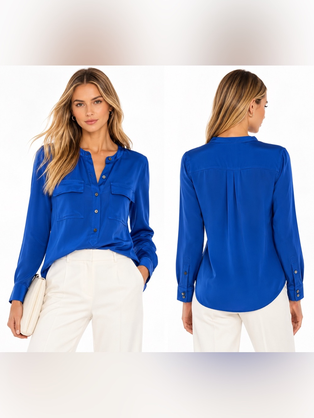 Banana Republic 100% Silk Cobalt Blue Utility Blouse XS Long Sleeve